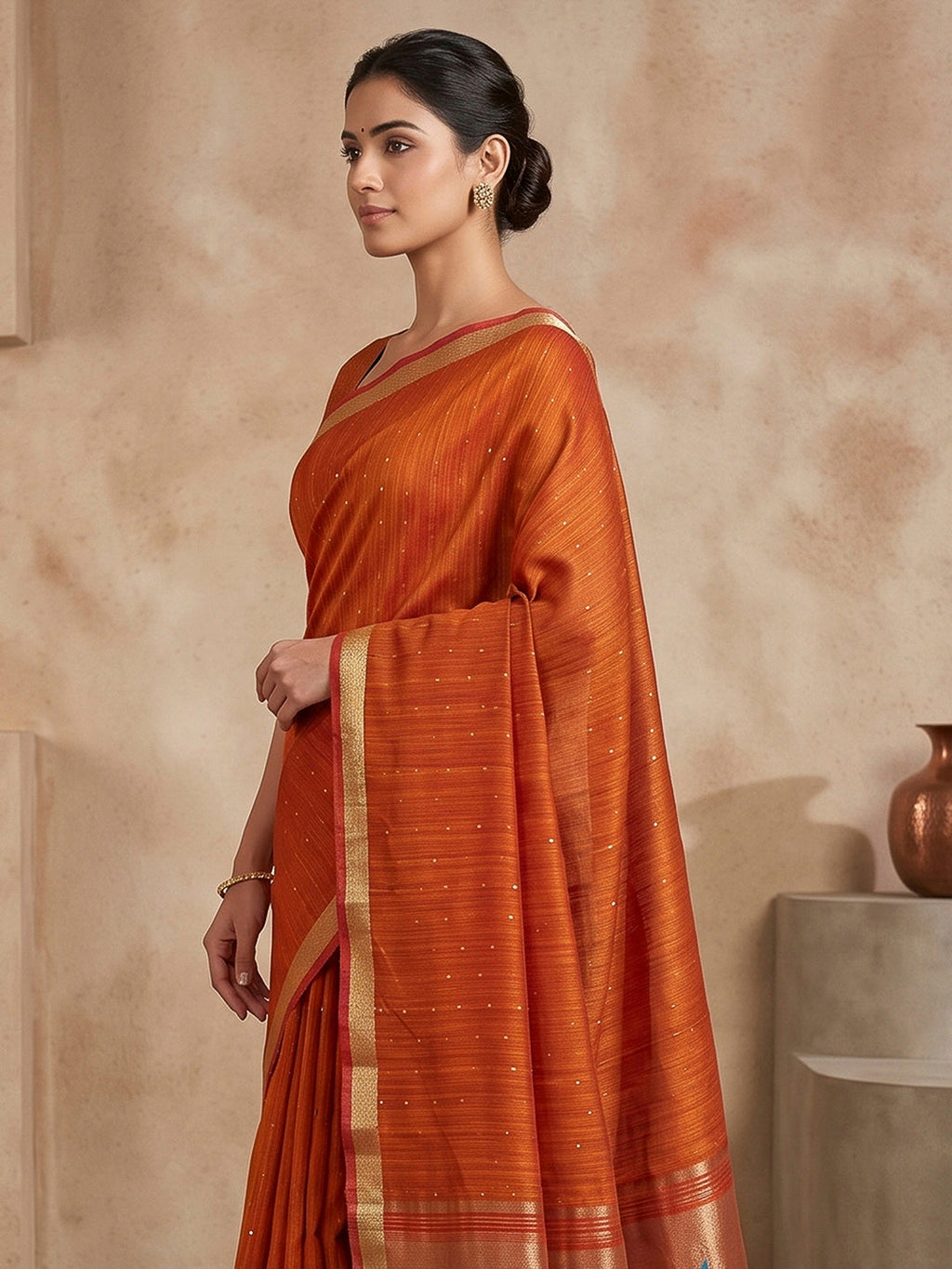 Orange Cotton Blend Woven Saree
