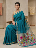Peacock-Blue Cotton Blend Woven Saree