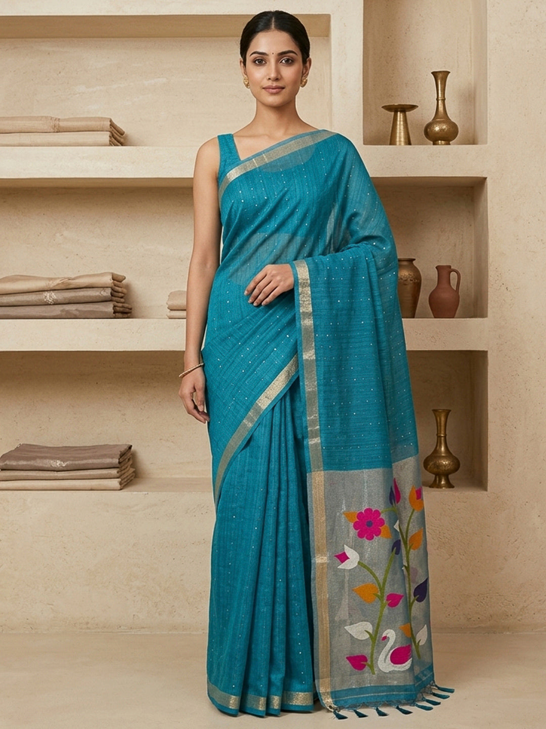 Peacock-Blue Cotton Blend Woven Saree