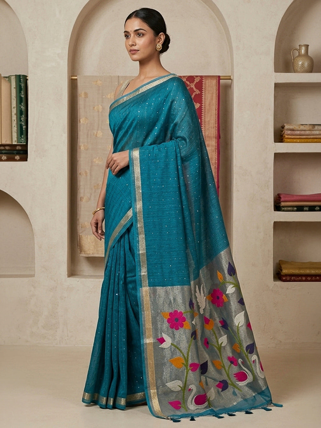 Peacock-Blue Cotton Blend Woven Saree