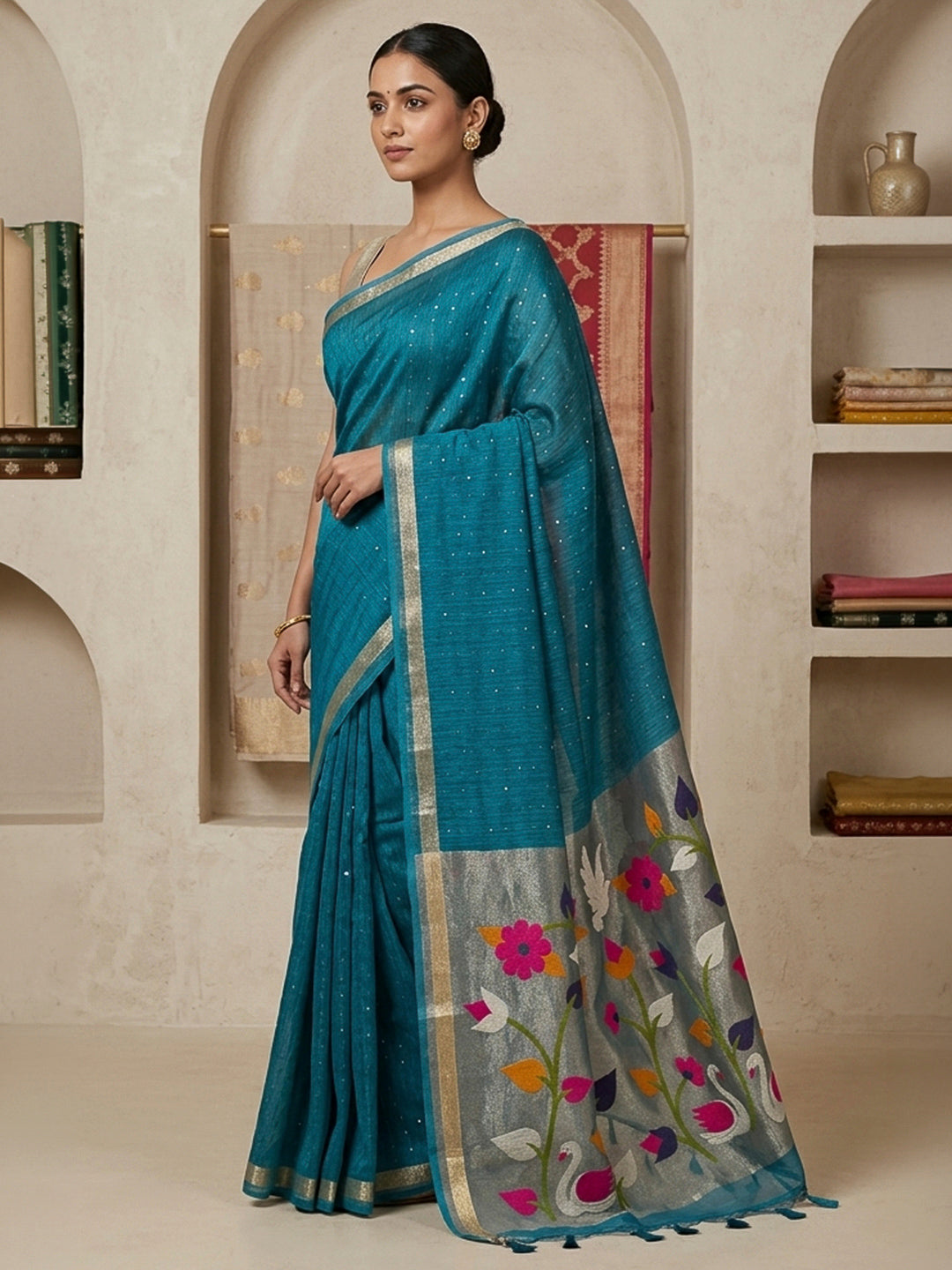 Peacock-Blue Cotton Blend Woven Saree