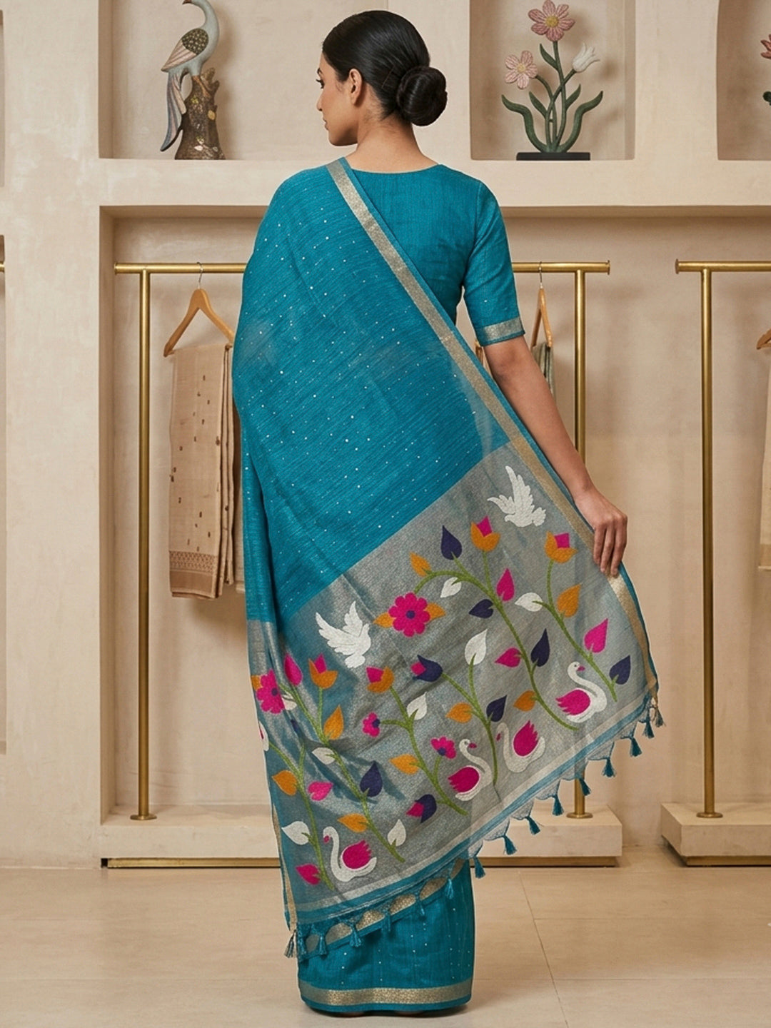 Peacock-Blue Cotton Blend Woven Saree