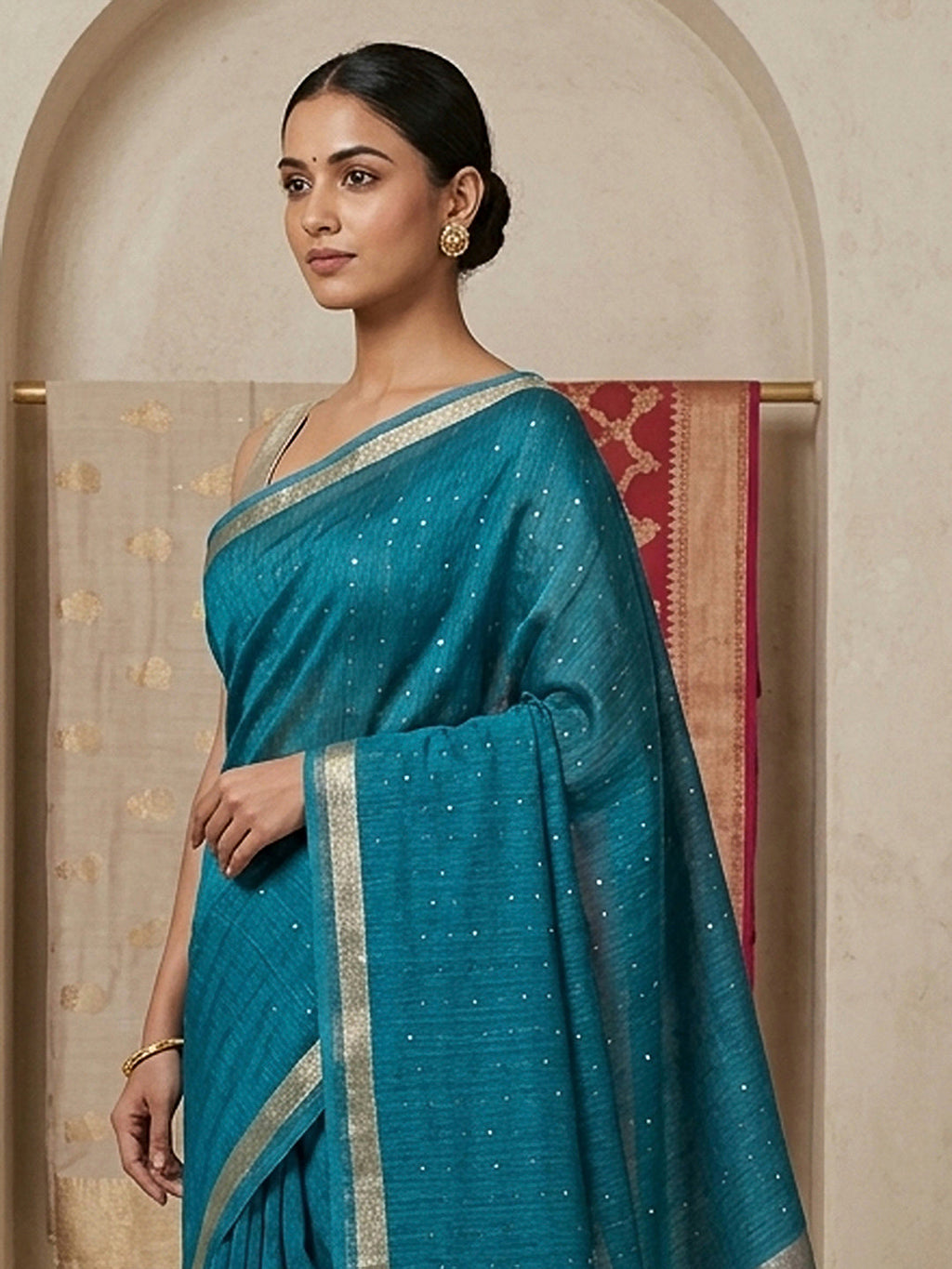 Peacock-Blue Cotton Blend Woven Saree