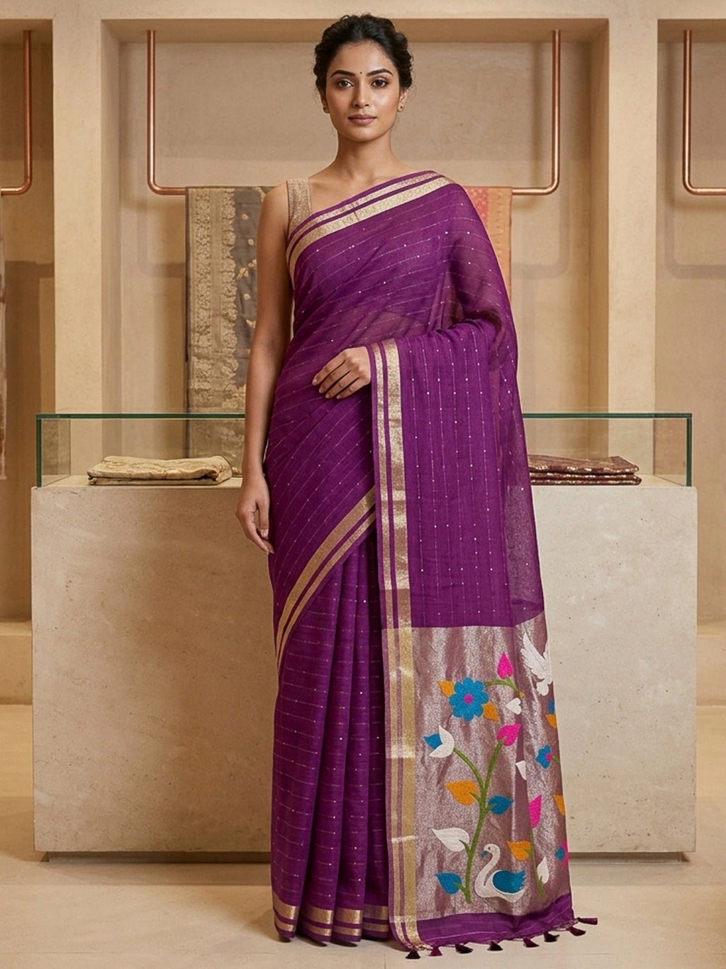 Purple Cotton Blend Woven Saree