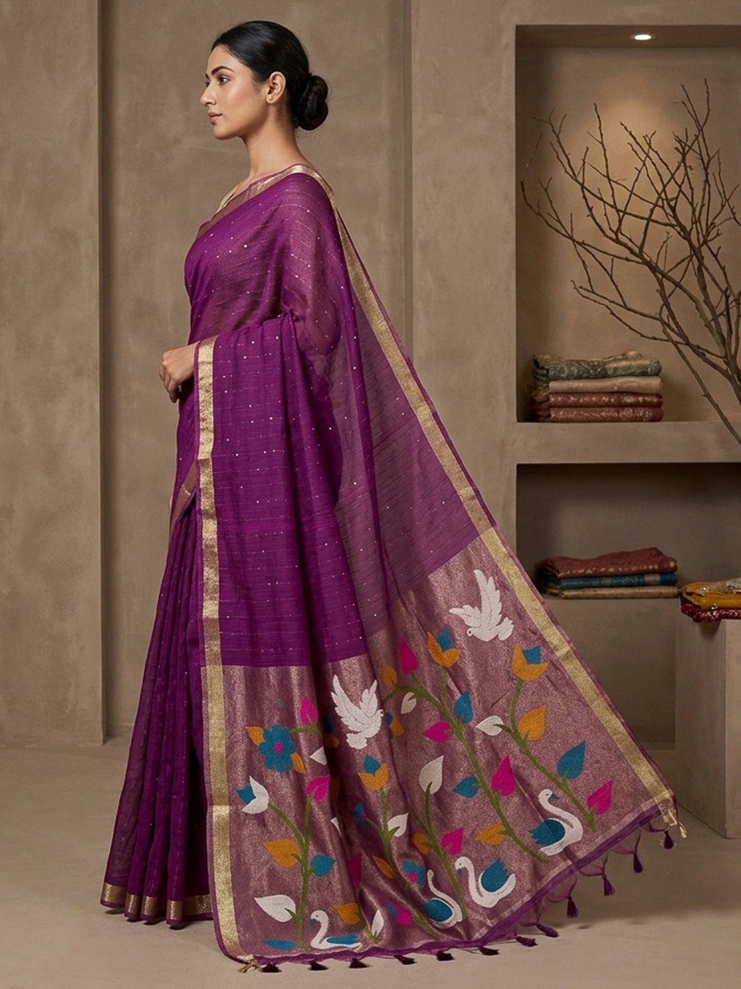 Purple Cotton Blend Woven Saree