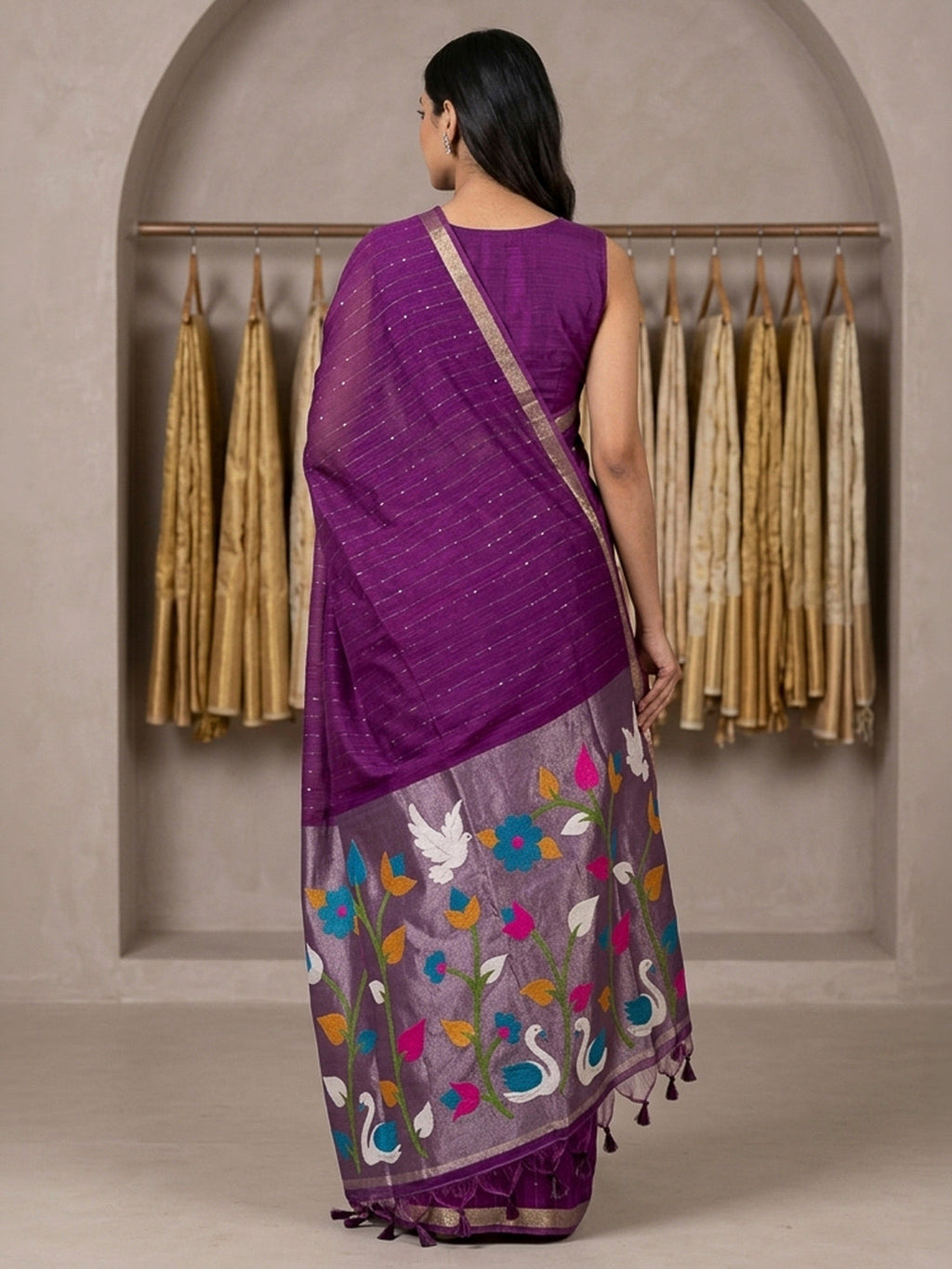 Purple Cotton Blend Woven Saree