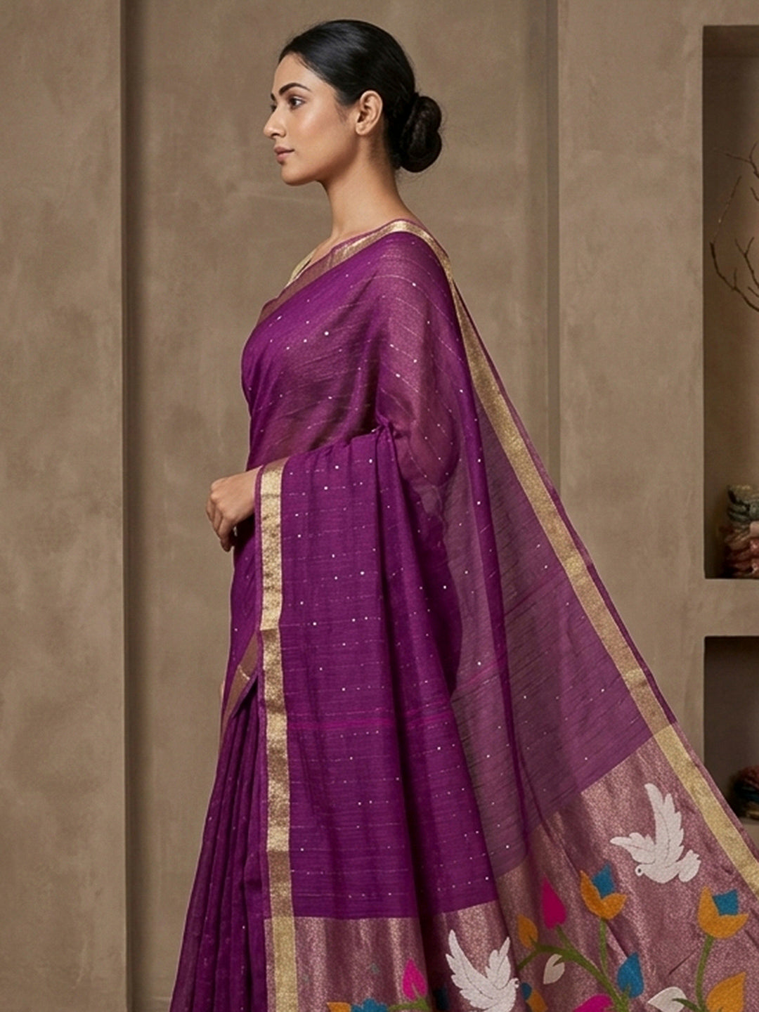 Purple Cotton Blend Woven Saree