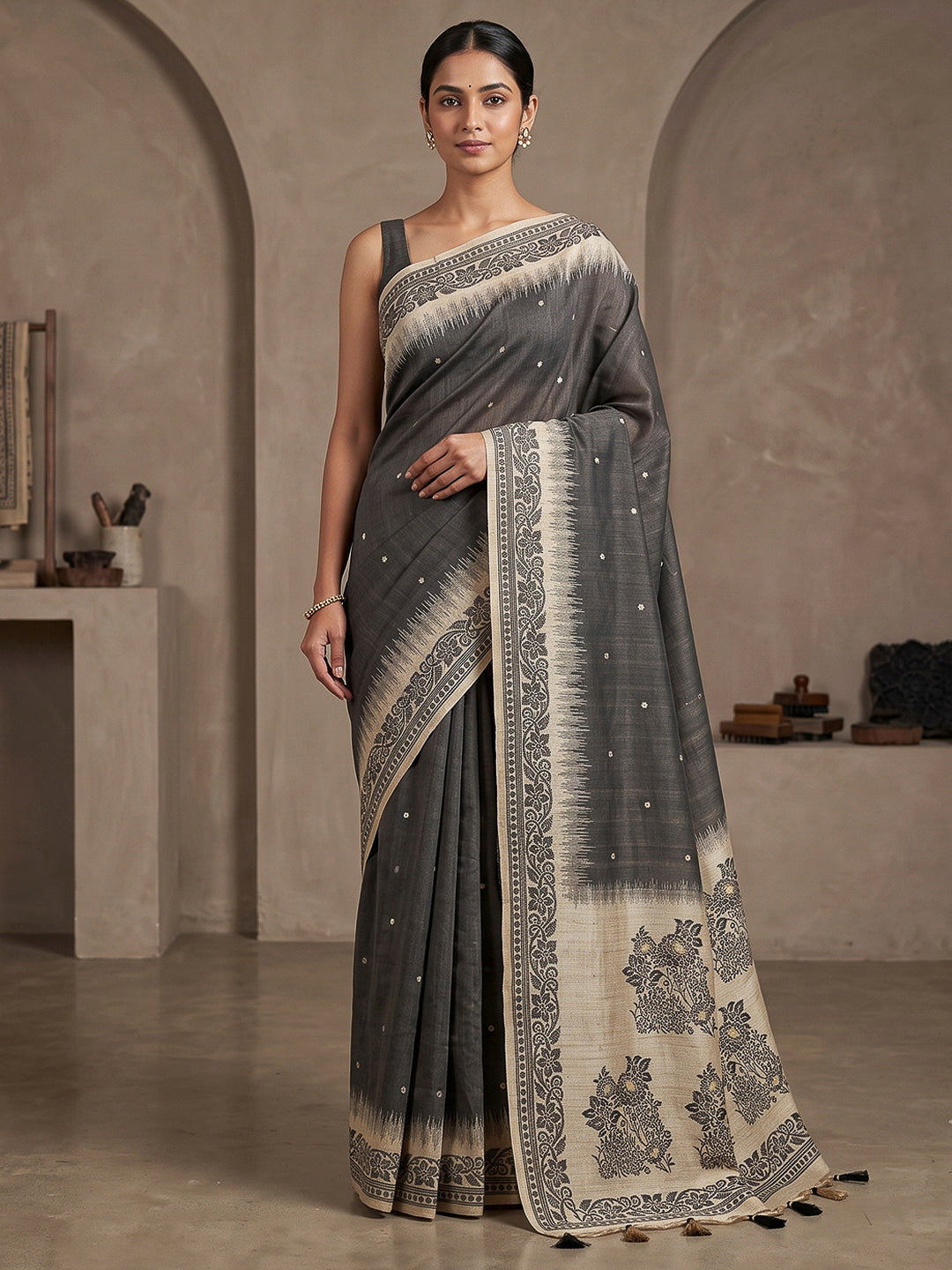 Black Cotton Blend Woven Saree