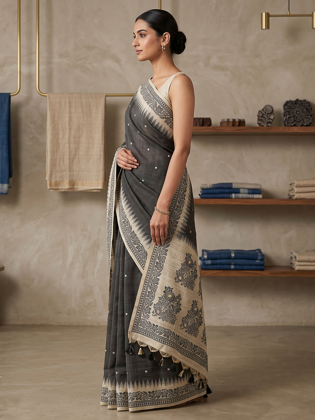 Black Cotton Blend Woven Saree
