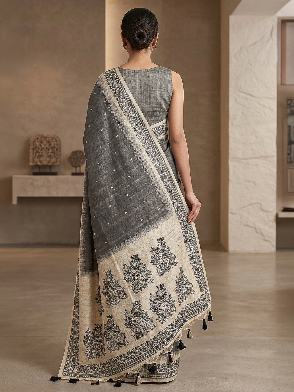 Black Cotton Blend Woven Saree