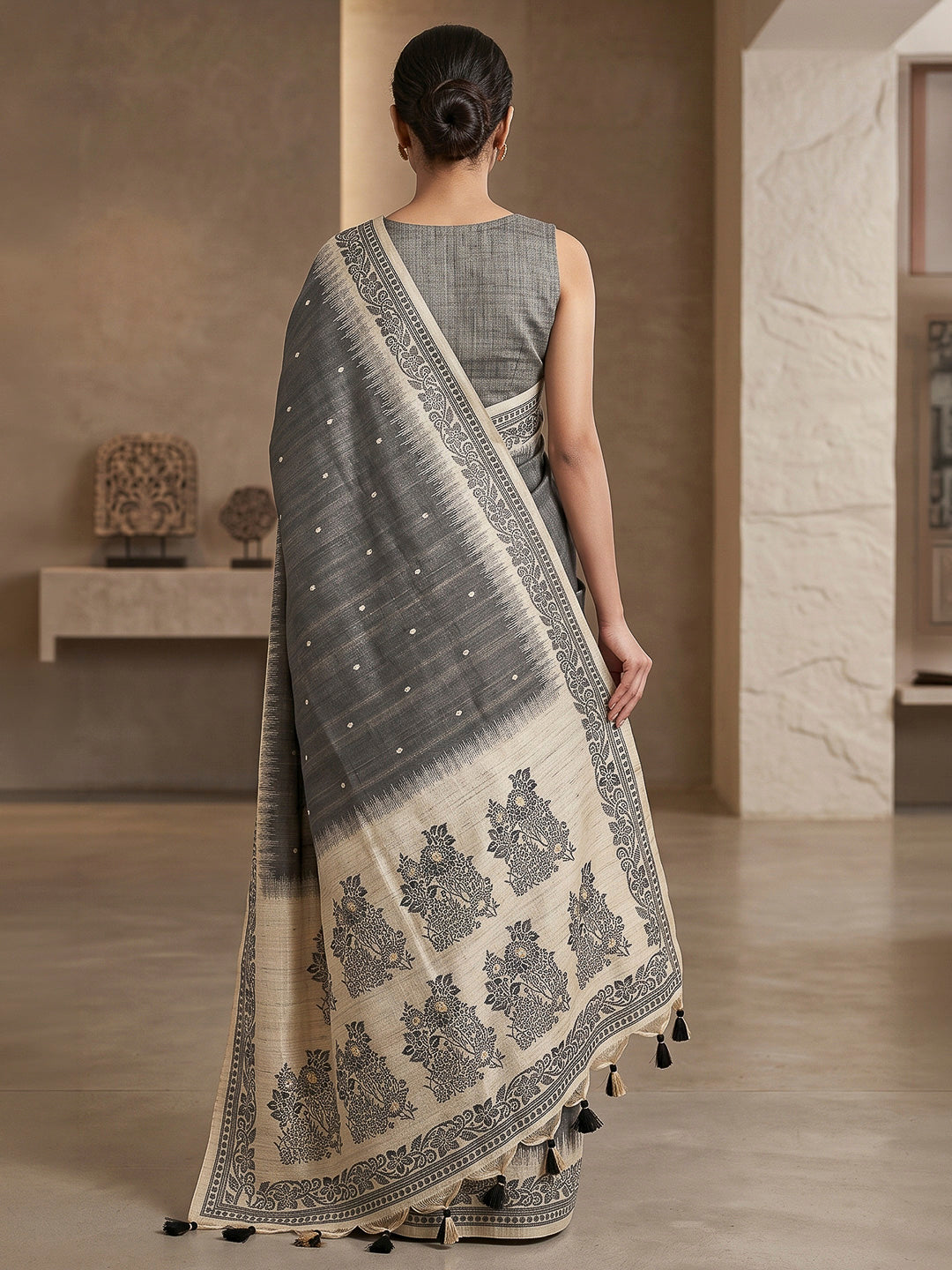 Black Cotton Blend Woven Saree
