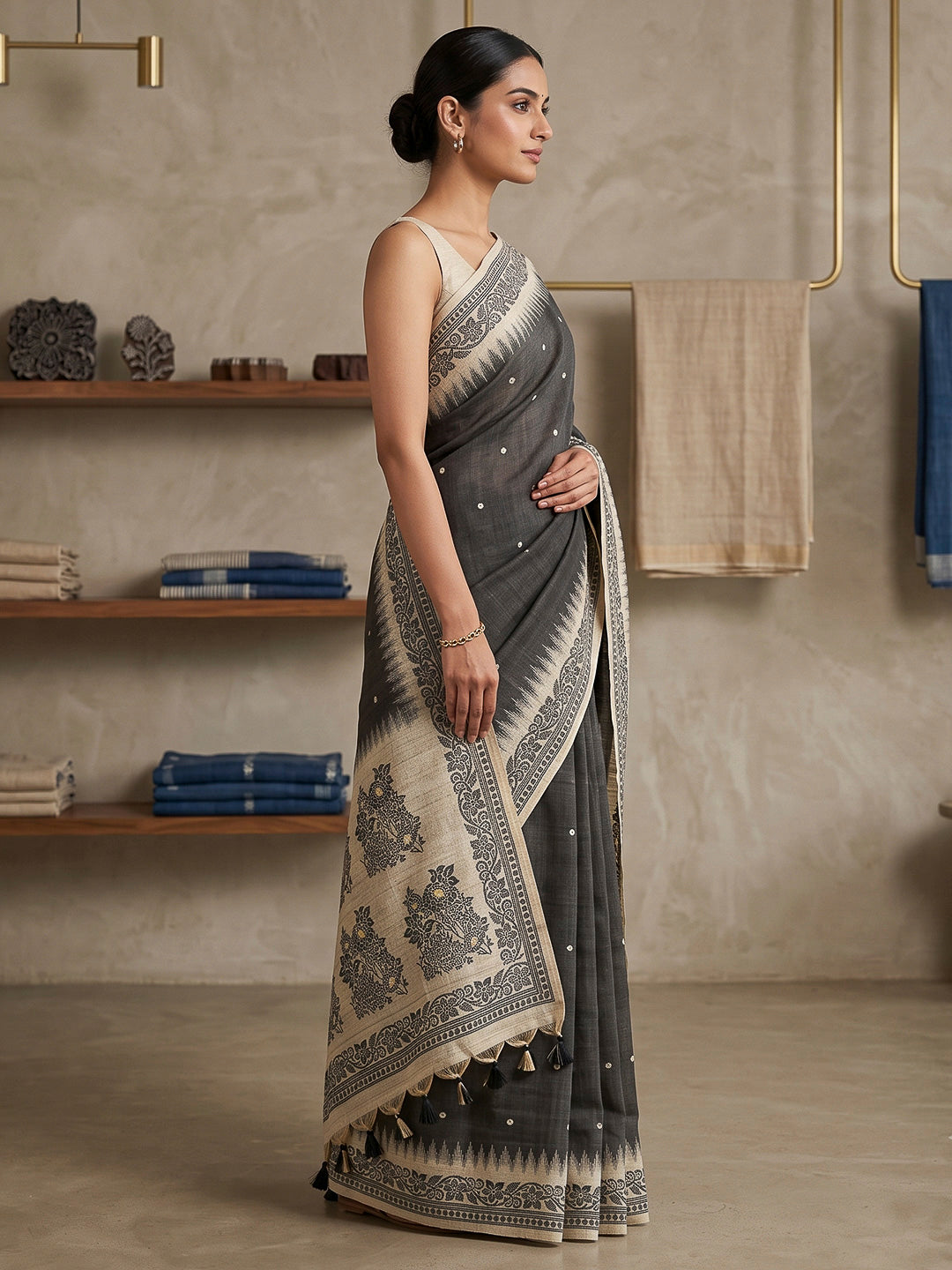 Black Cotton Blend Woven Saree