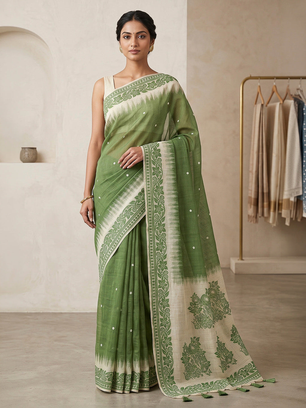 Green Cotton Blend Woven Saree