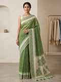 Green Cotton Blend Woven Saree