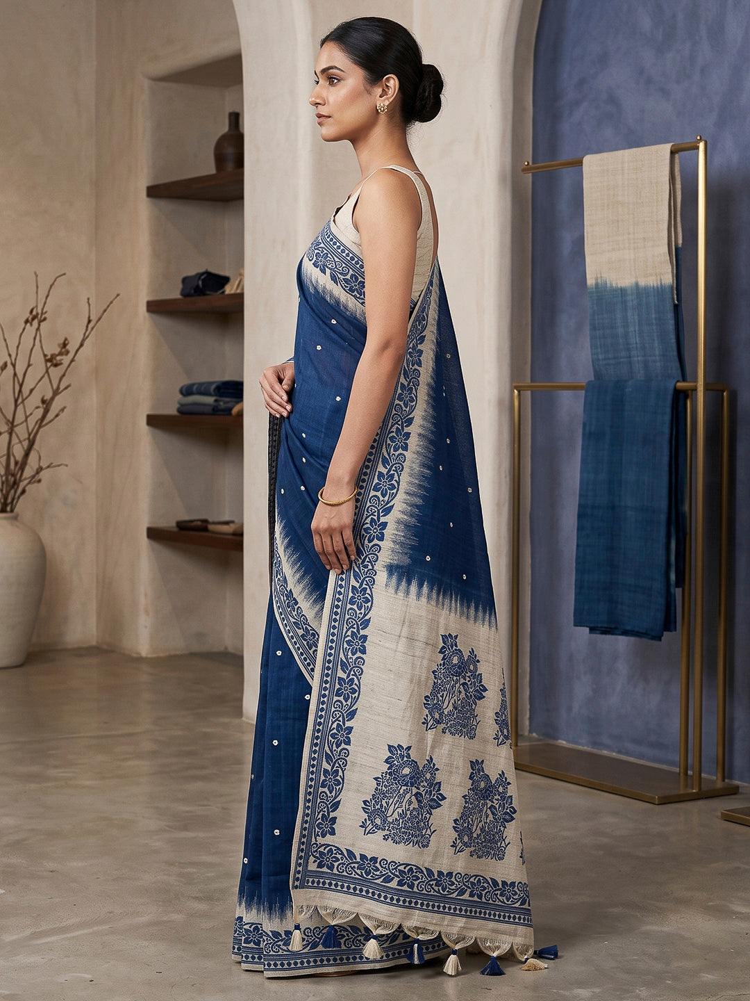 Navy-Blue Cotton Blend Woven Saree