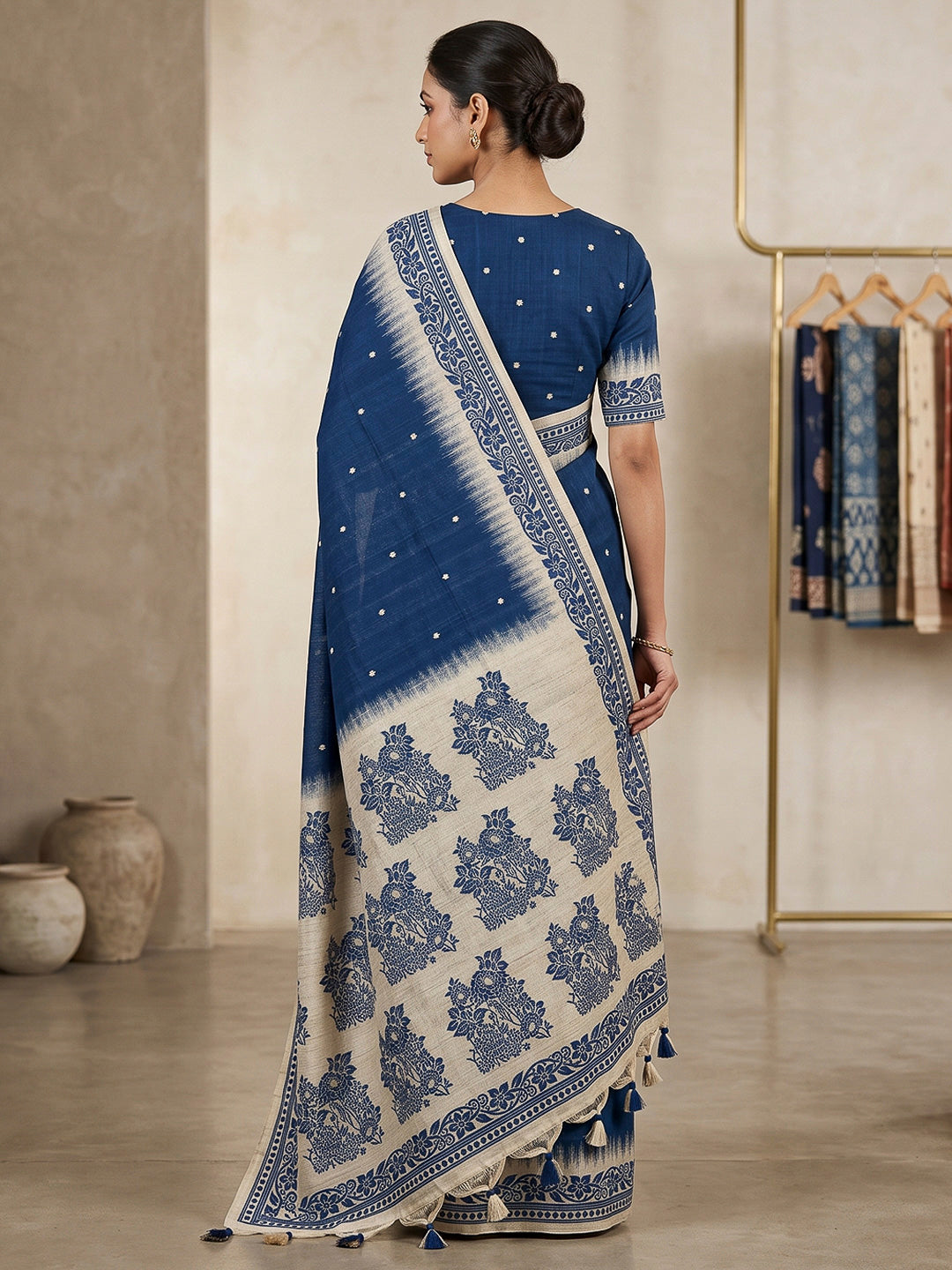 Navy-Blue Cotton Blend Woven Saree