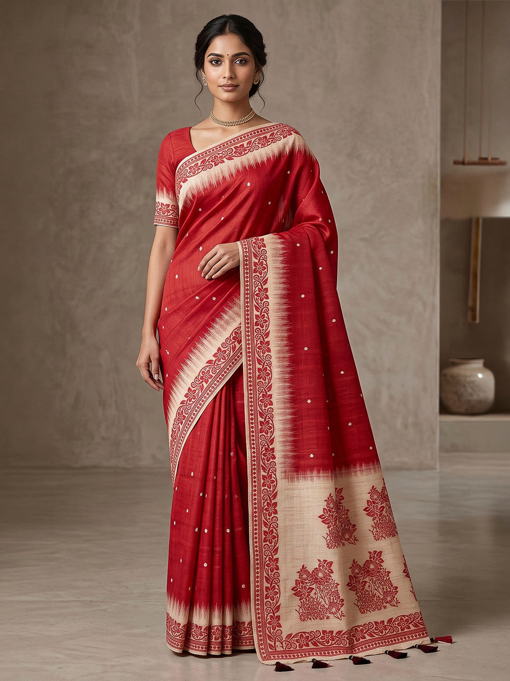 Red Cotton Blend Woven Saree