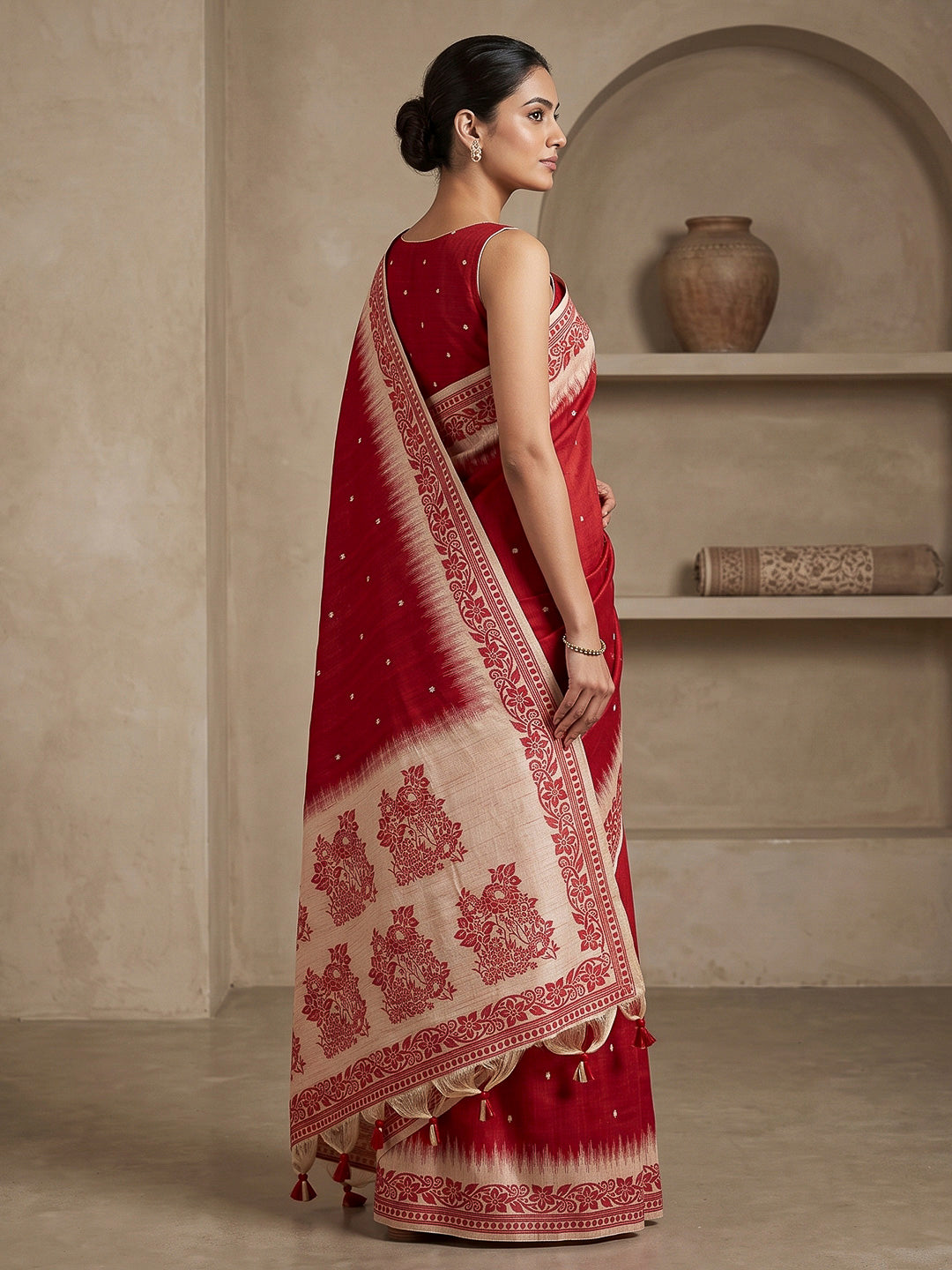 Red Cotton Blend Woven Saree
