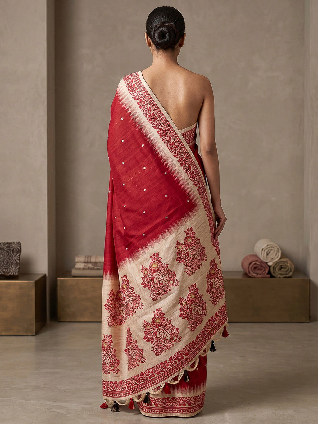 Red Cotton Blend Woven Saree
