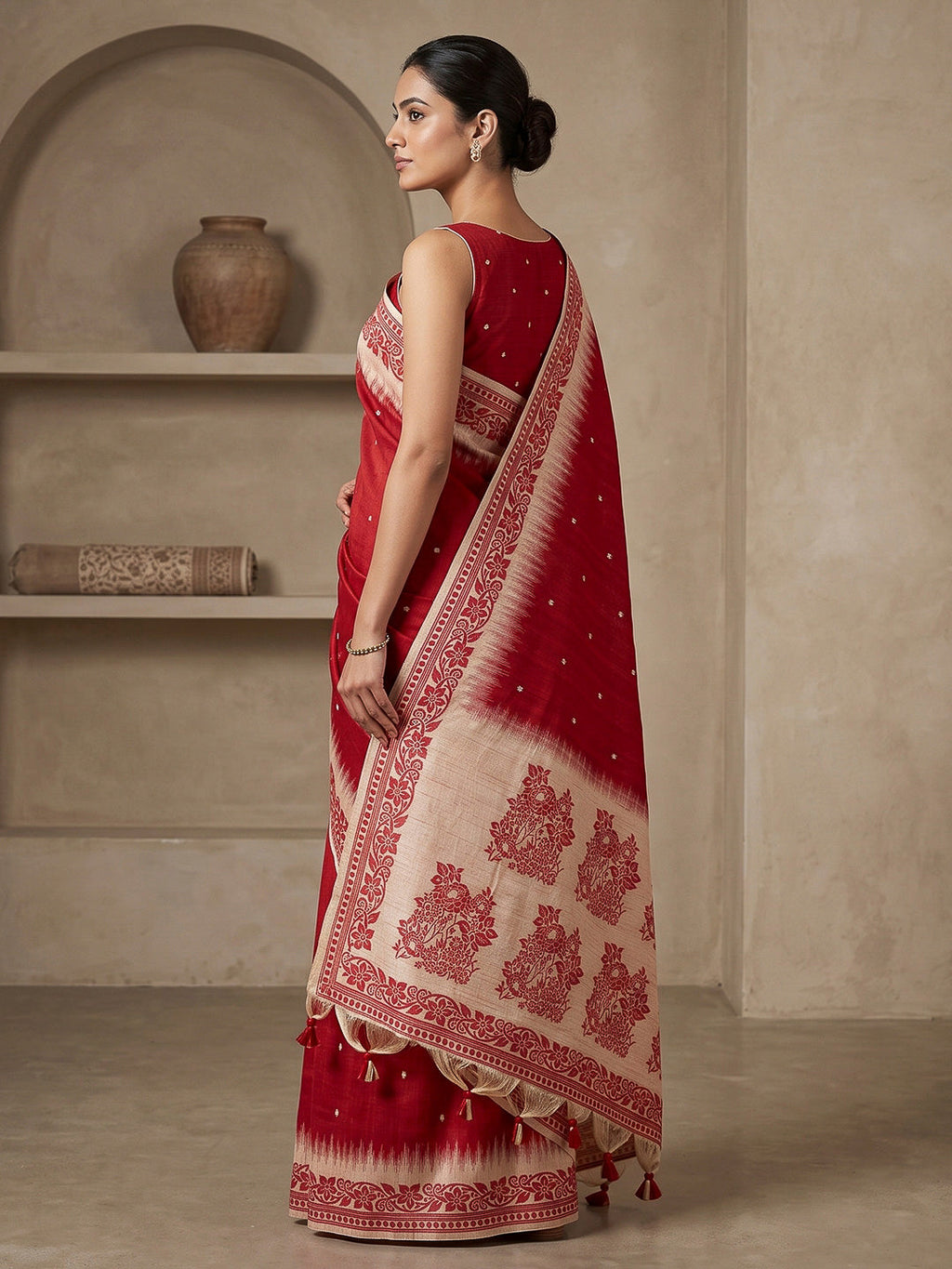 Red Cotton Blend Woven Saree