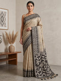 Off-White-Black Cotton Blend Woven Saree