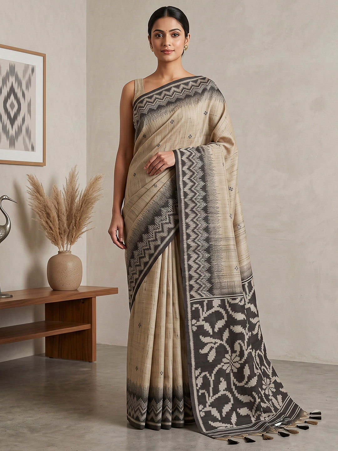 Off-White-Black Cotton Blend Woven Saree