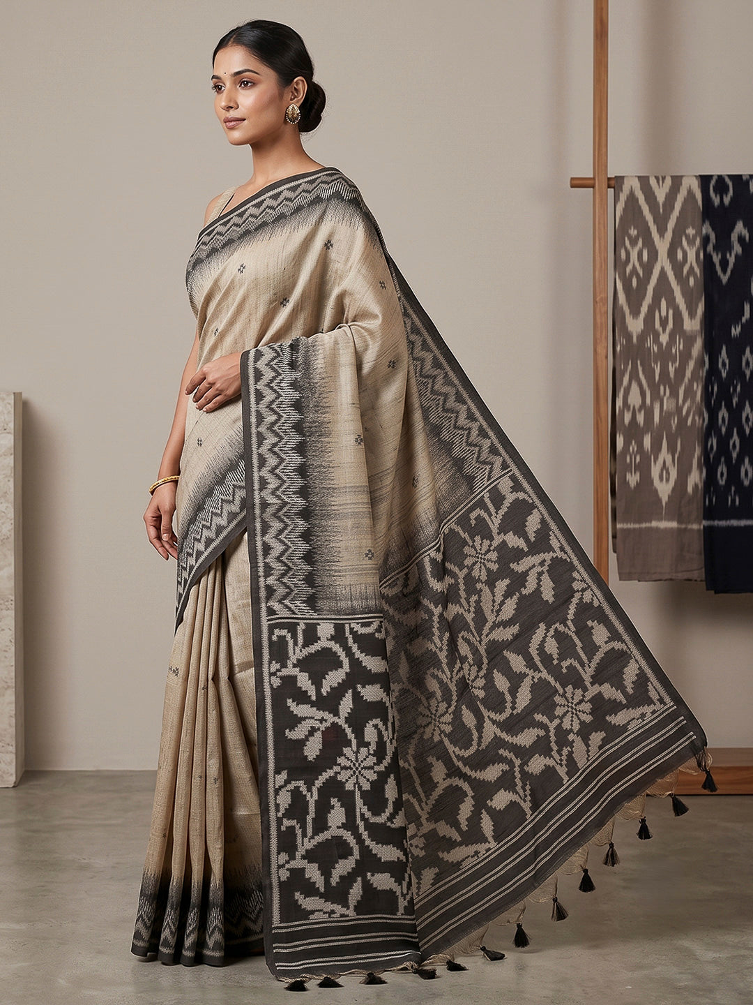 Off-White-Black Cotton Blend Woven Saree