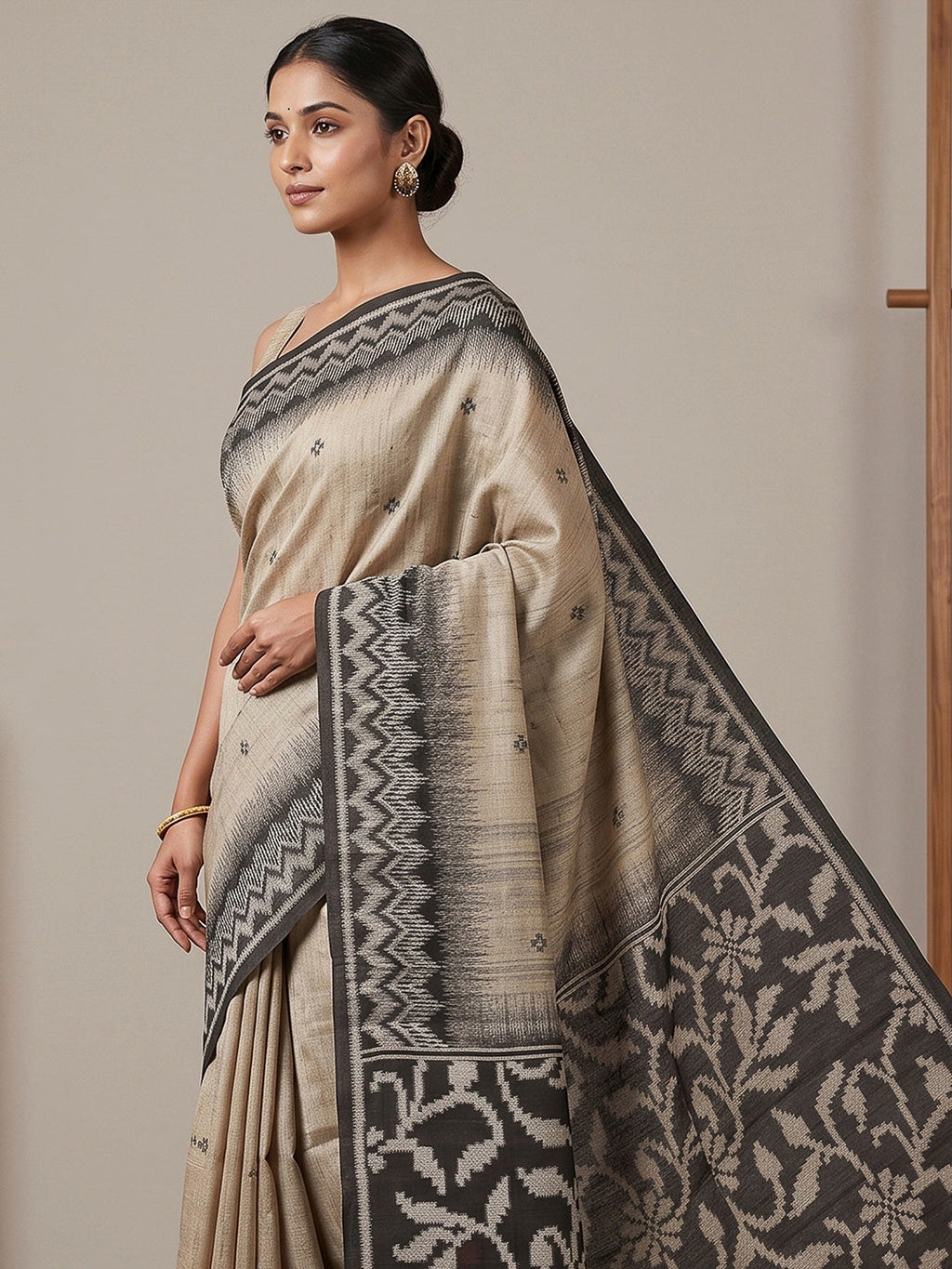 Off-White-Black Cotton Blend Woven Saree