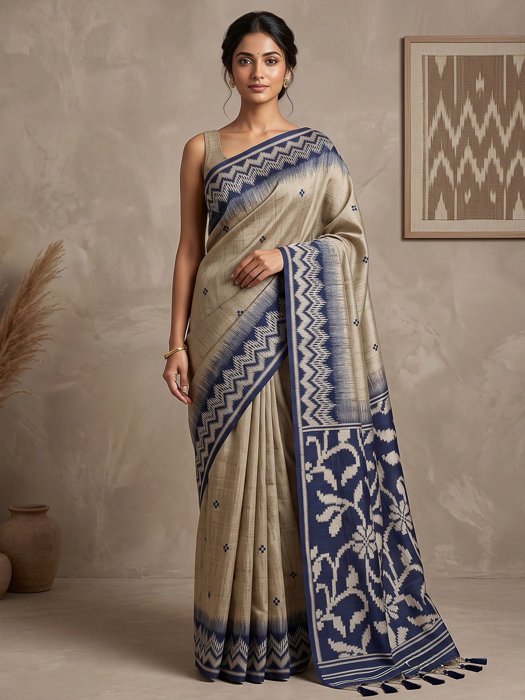 Off-White-Navy Cotton Blend Woven Saree