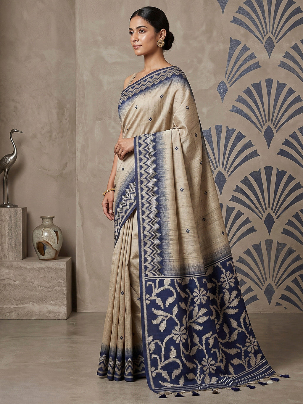 Off-White-Navy Cotton Blend Woven Saree