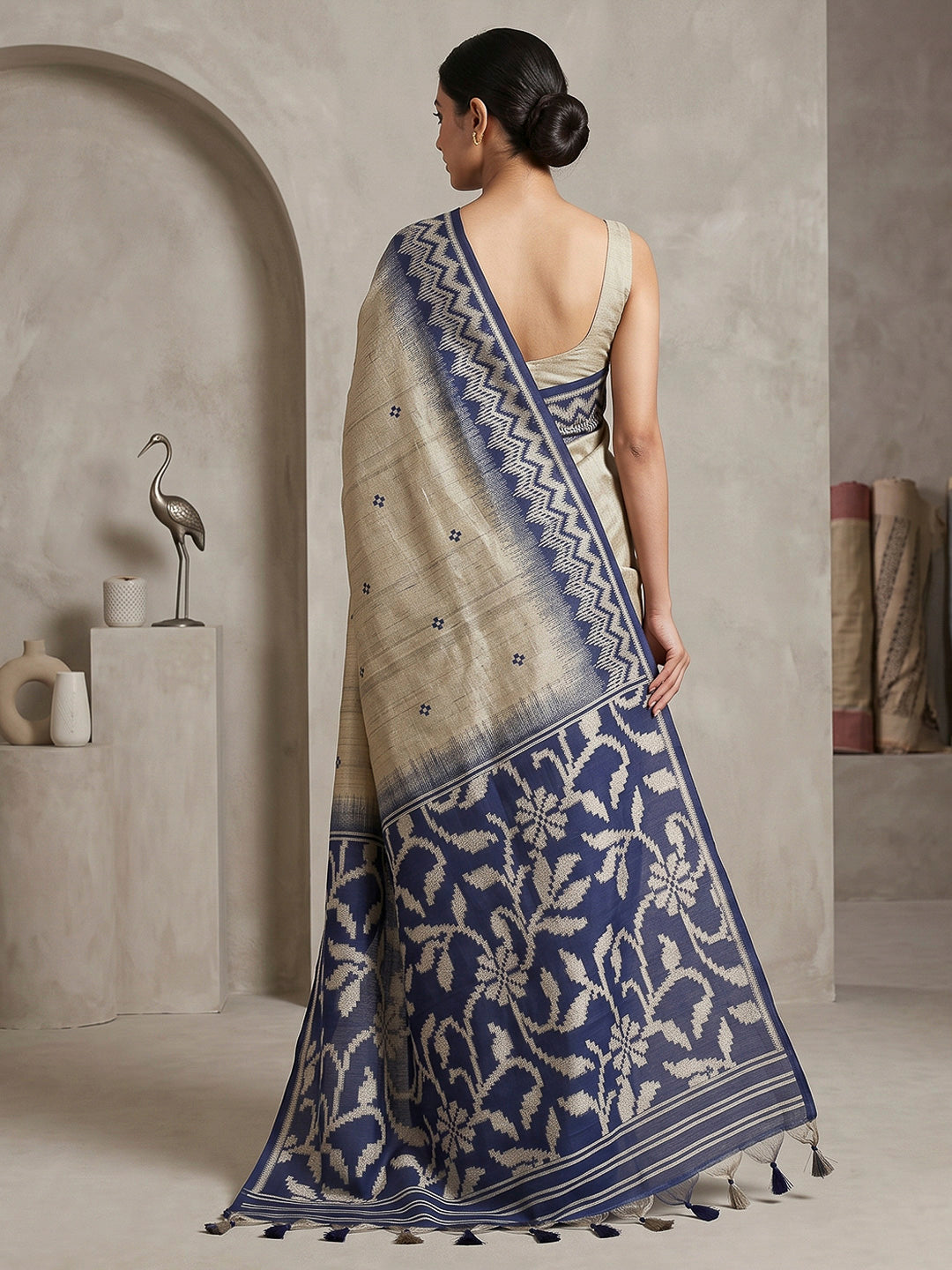 Off-White-Navy Cotton Blend Woven Saree