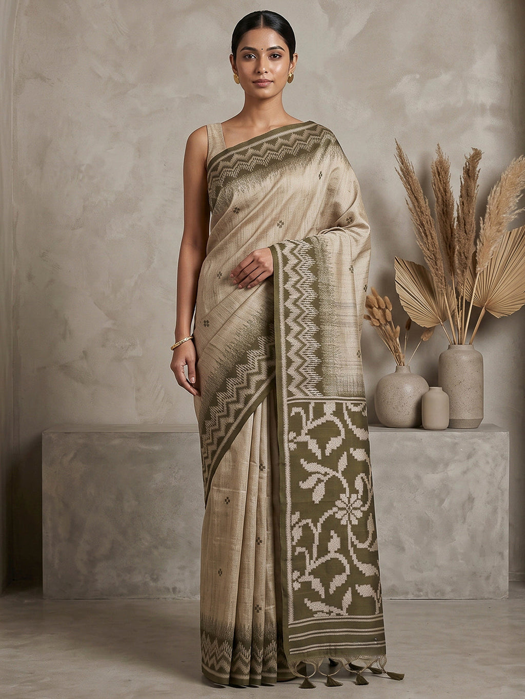 Off-White-Olive Cotton Blend Woven Saree