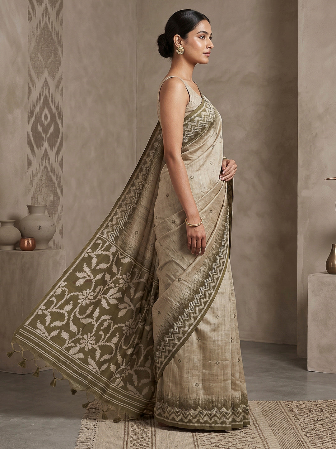 Off-White-Olive Cotton Blend Woven Saree