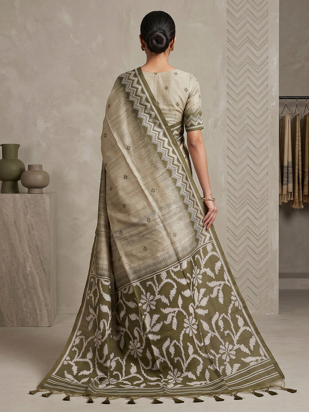Off-White-Olive Cotton Blend Woven Saree