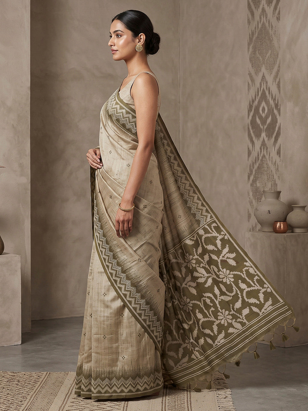 Off-White-Olive Cotton Blend Woven Saree