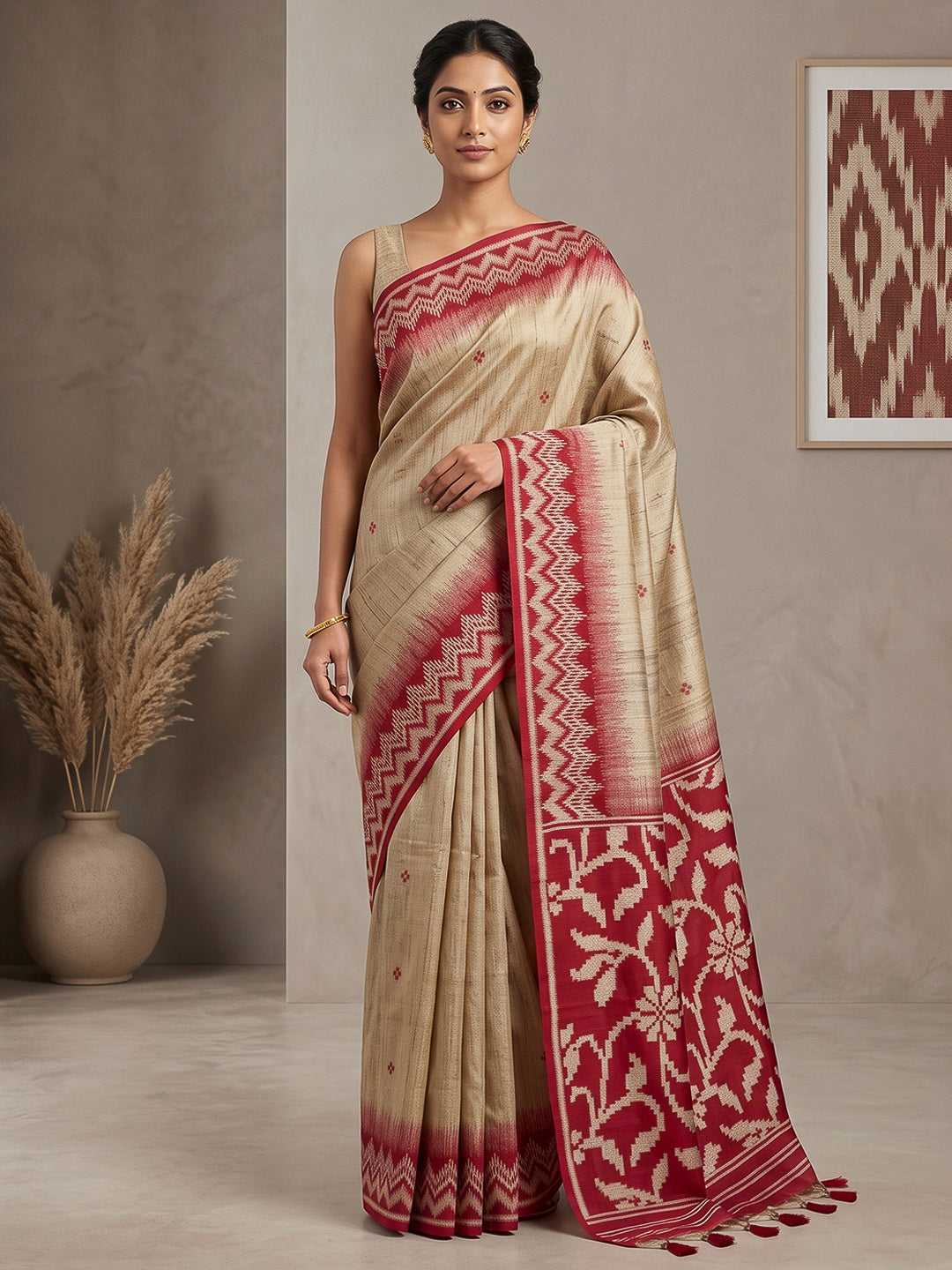 Off-White-Red Cotton Blend Woven Saree