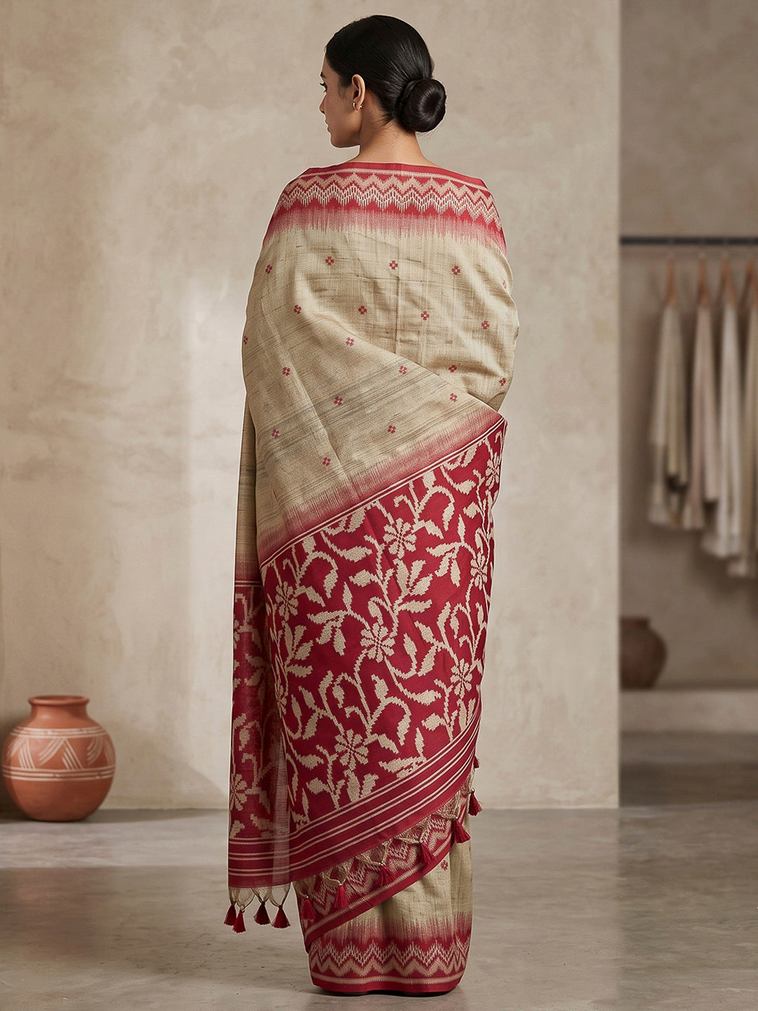 Off-White-Red Cotton Blend Woven Saree