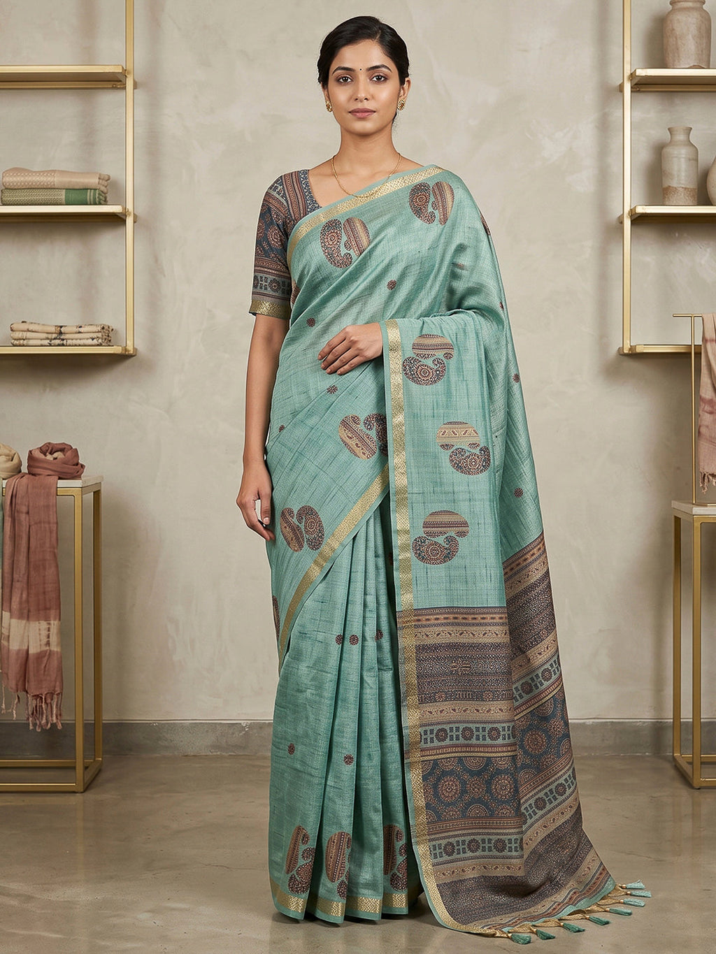 Blue-Lt Cotton Blend Woven Saree