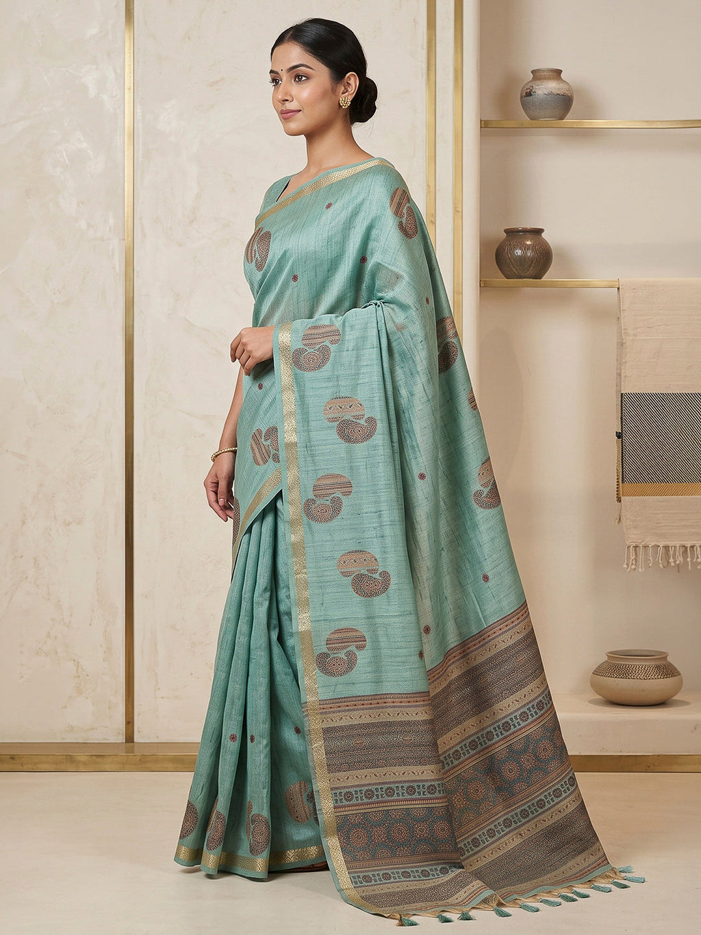 Blue-Lt Cotton Blend Woven Saree