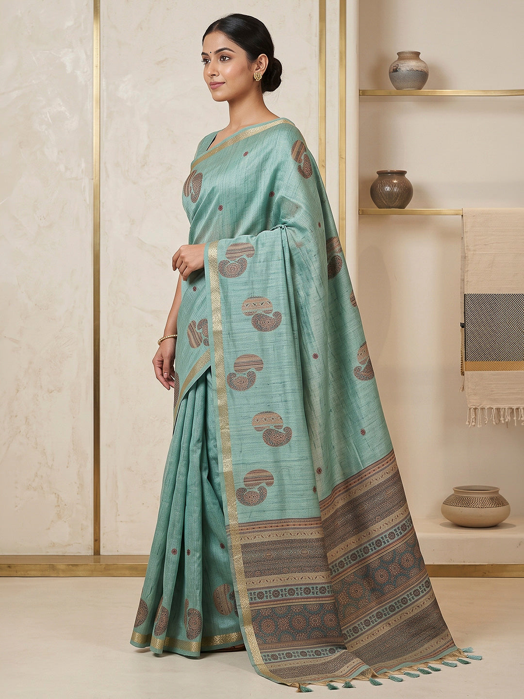 Blue-Lt Cotton Blend Woven Saree