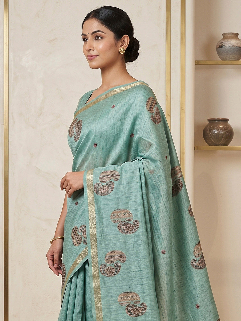 Blue-Lt Cotton Blend Woven Saree
