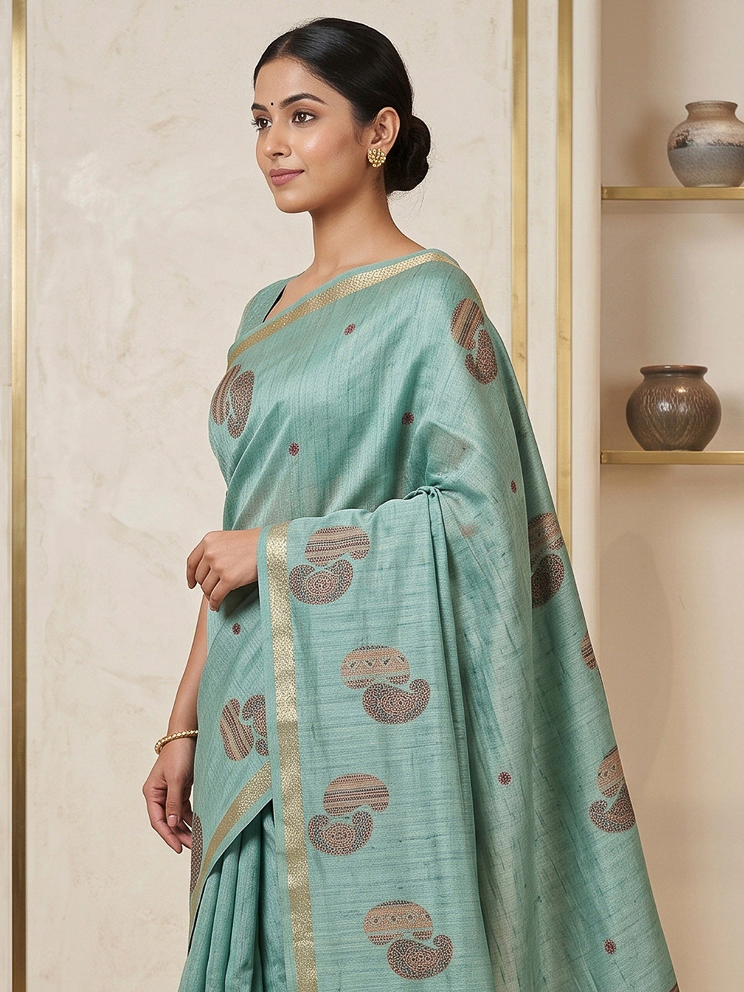 Blue-Lt Cotton Blend Woven Saree
