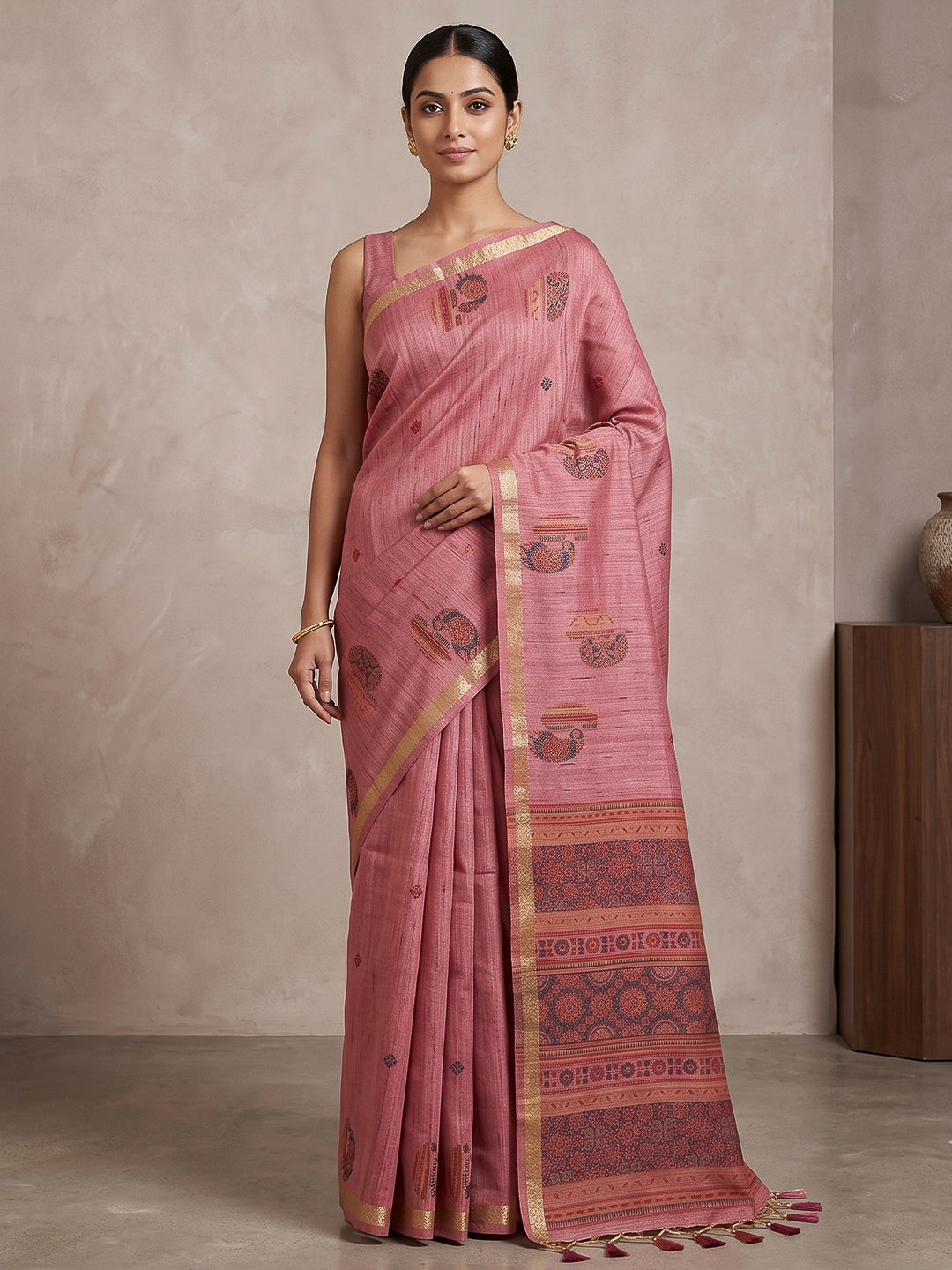 Pink Cotton Blend Woven Saree