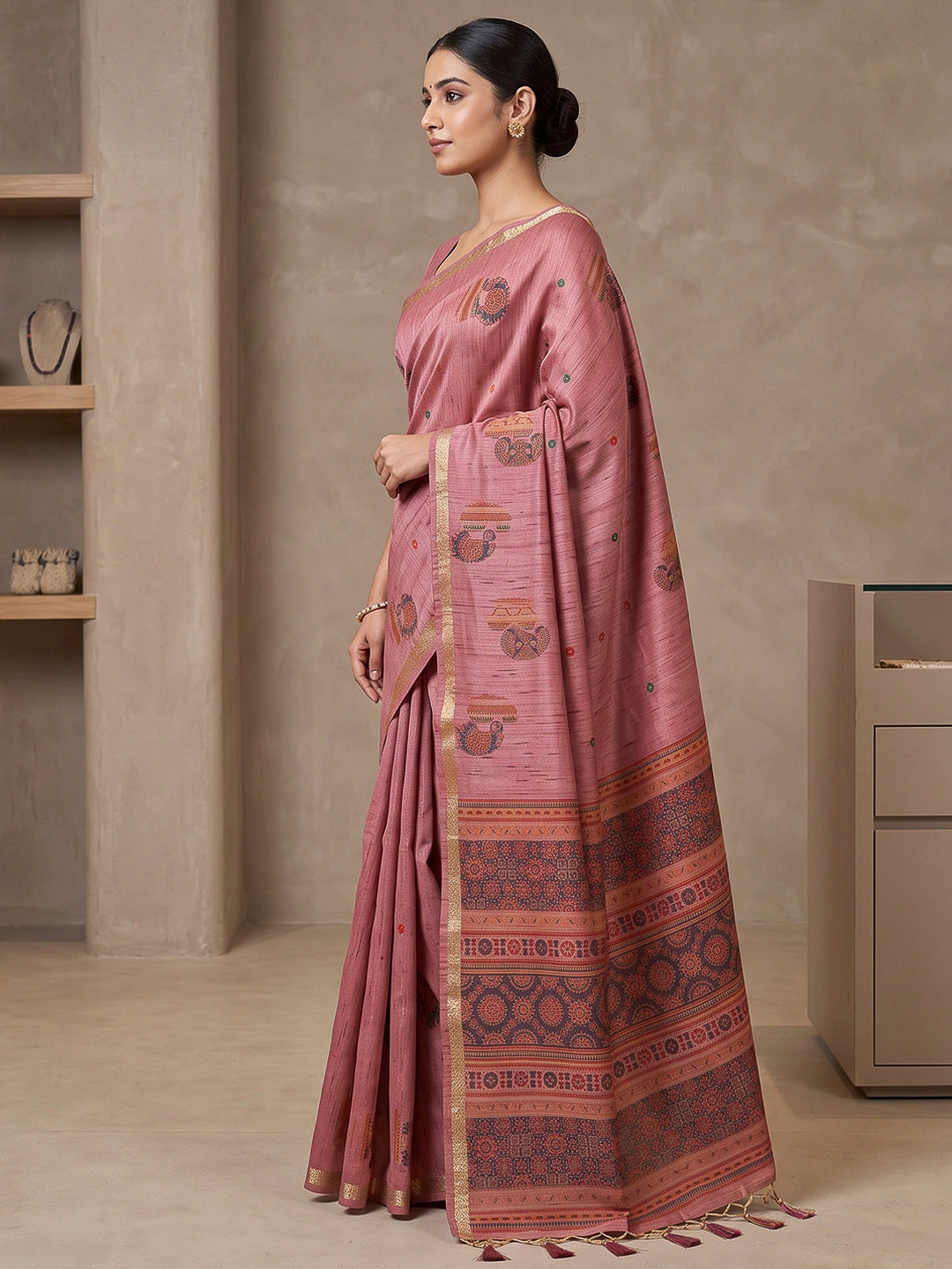 Pink Cotton Blend Woven Saree