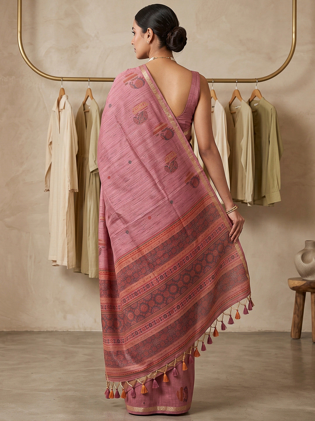 Pink Cotton Blend Woven Saree