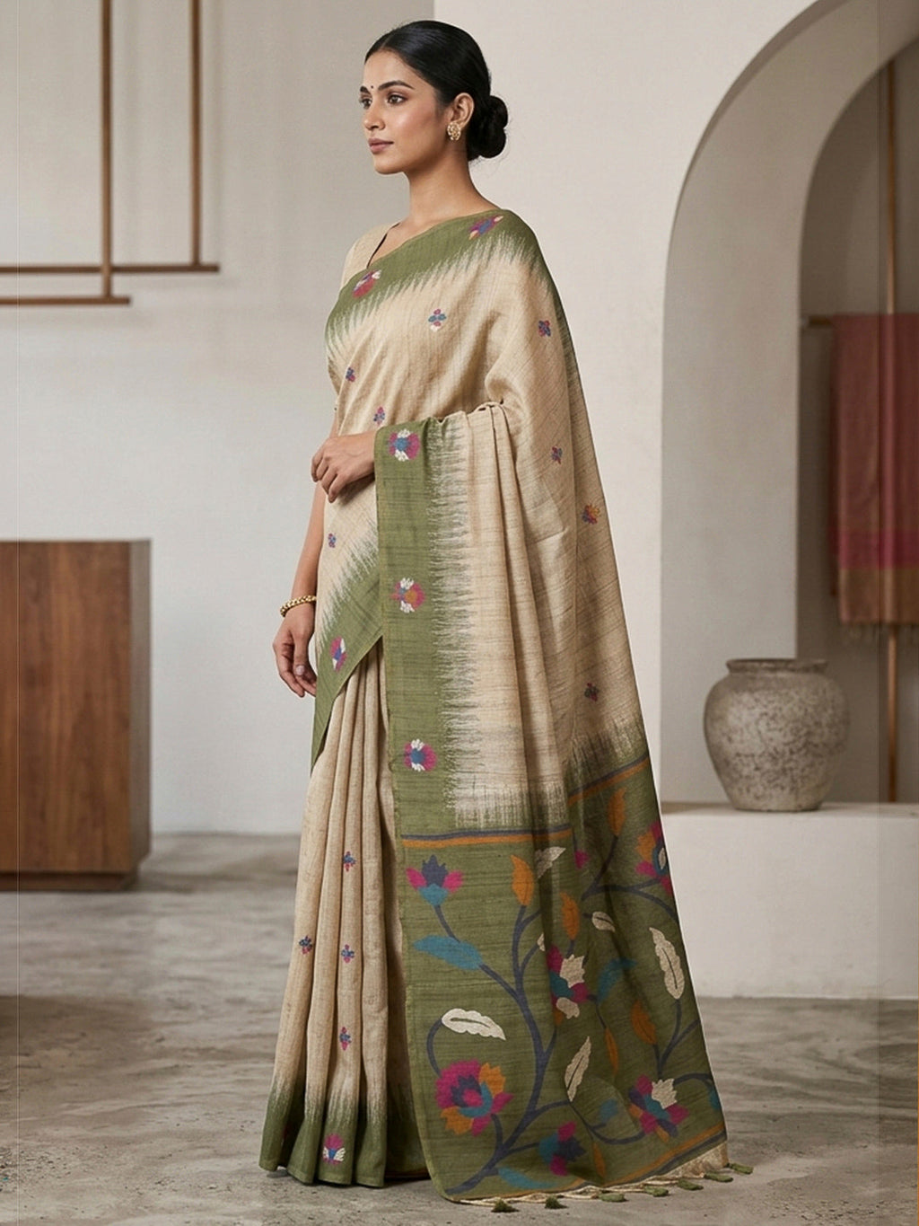 Off-White-Green Cotton Blend Woven Saree