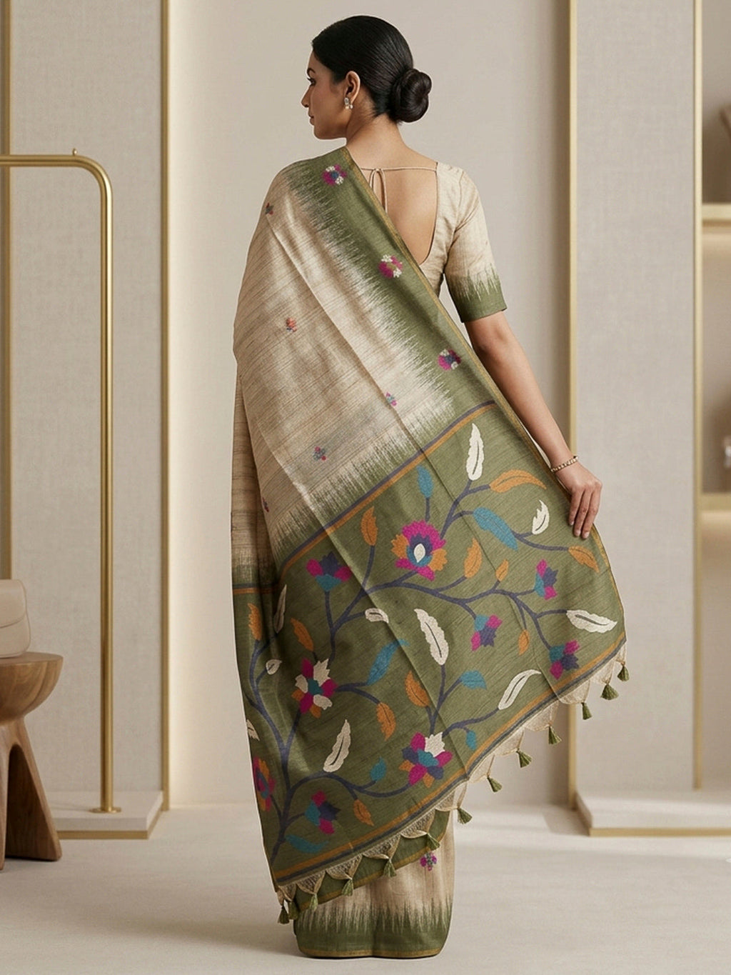 Off-White-Green Cotton Blend Woven Saree