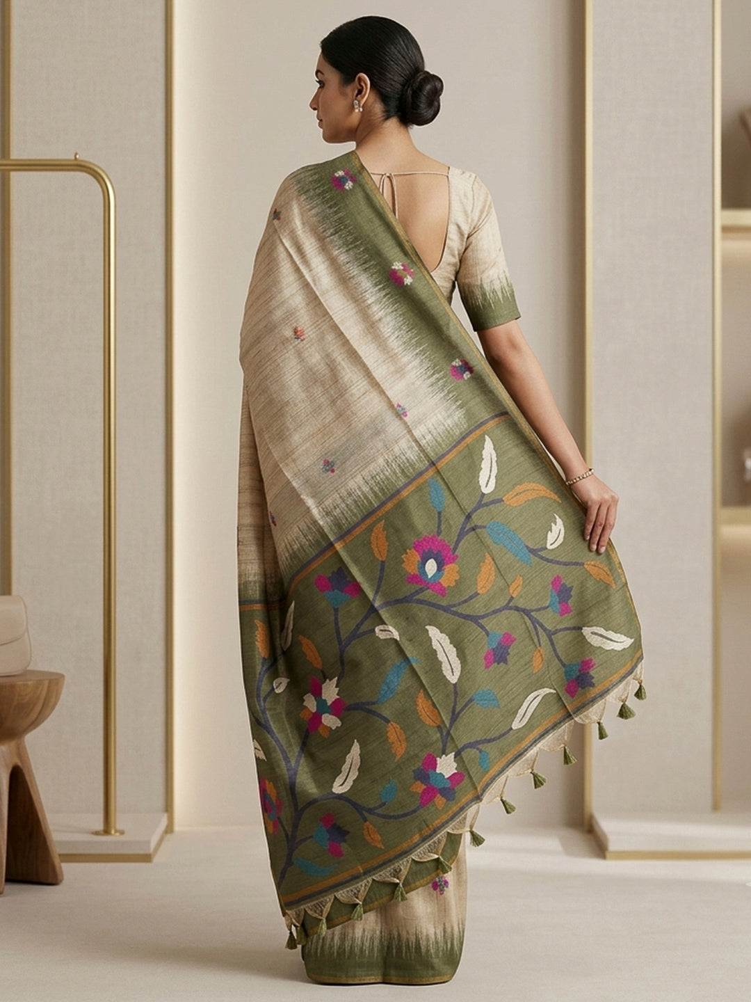Off-White-Green Cotton Blend Woven Saree