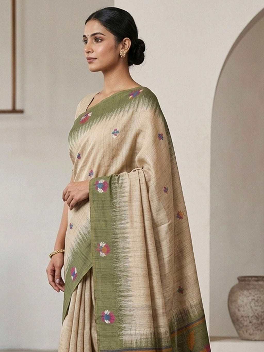 Off-White-Green Cotton Blend Woven Saree
