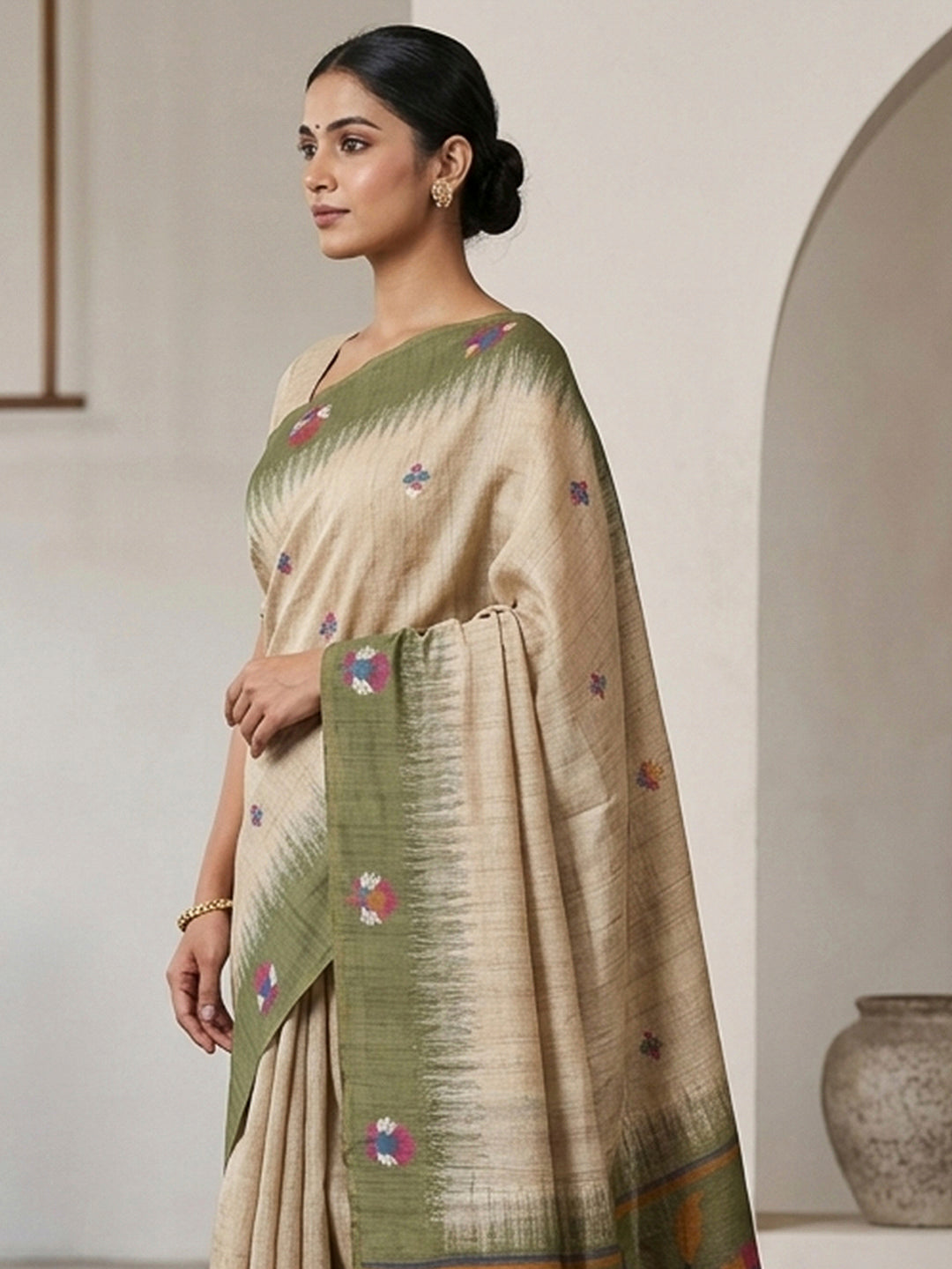 Off-White-Green Cotton Blend Woven Saree